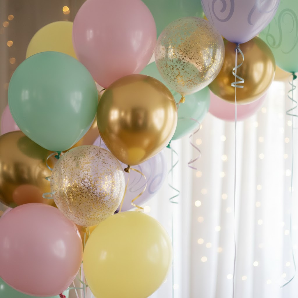 Detalje nærbillede af balloner i guld og pastel