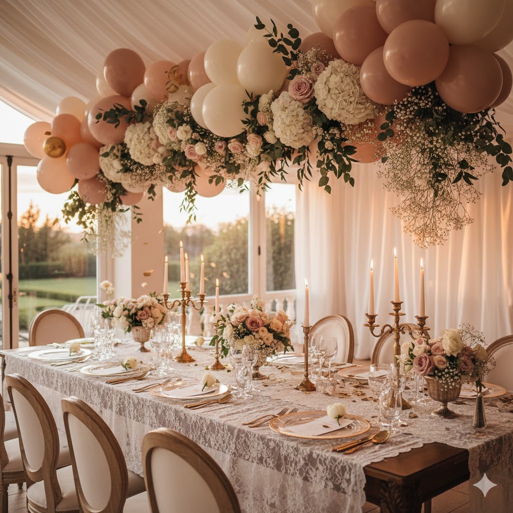 Elegant ballon- og blomsterdekoration ved festopdækning